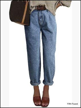 High Waisted Baggy Boyfriend Barrel Jeans Stretchy Cuffed Raw Hem